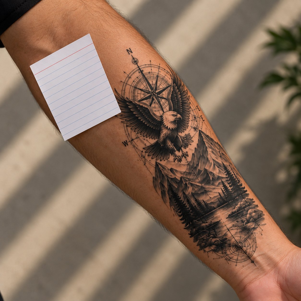 A black-and-grey forearm tattoo of an eagle, a compass and mountains, with a ruled index card beside it. The tattoo and the card are highlighted where the app segmented them.