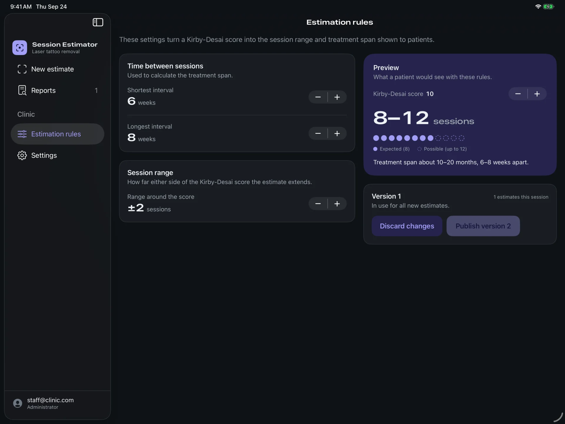 Estimation rules screen: 6 to 8 weeks between sessions, a range of plus or minus 2 sessions, and a live preview of what a patient would see, with a Publish version 2 button.